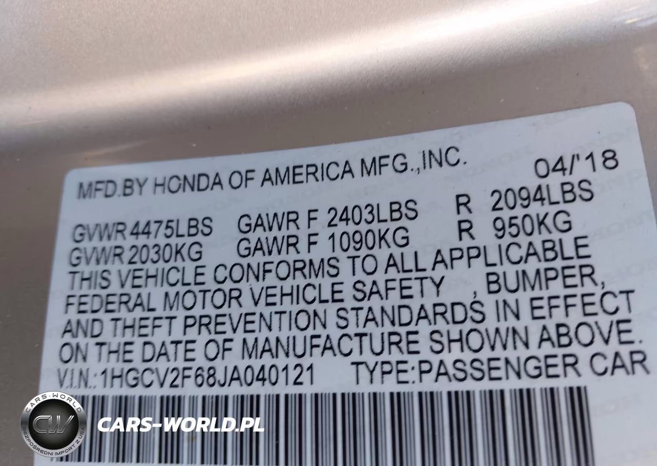 2018 Honda Accord Ex-L 2.0T VIN:1HGCV2F68JA040121 - 9