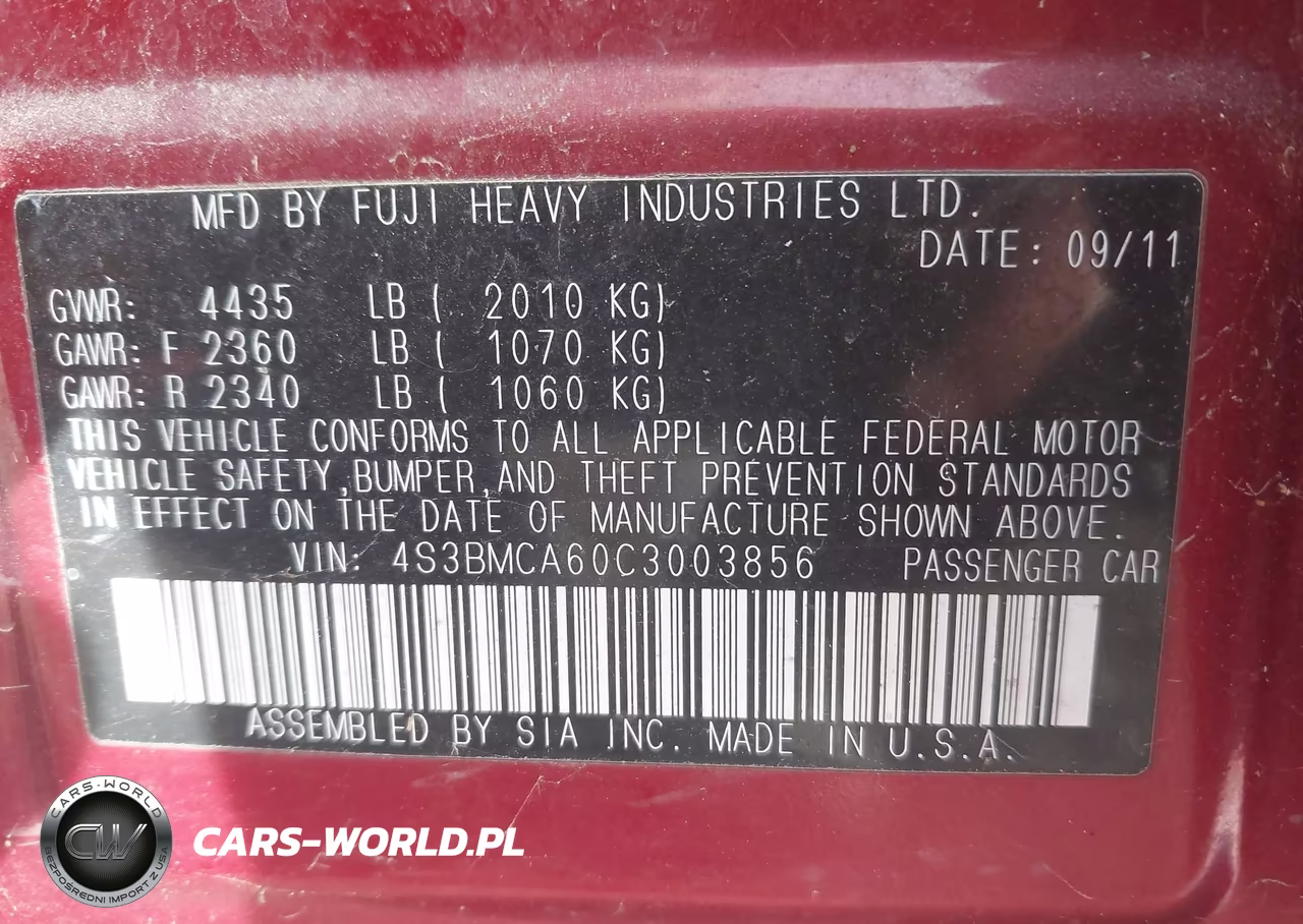2012 Subaru Legacy 2.5I VIN:4S3BMCA60C3003856 - 9
