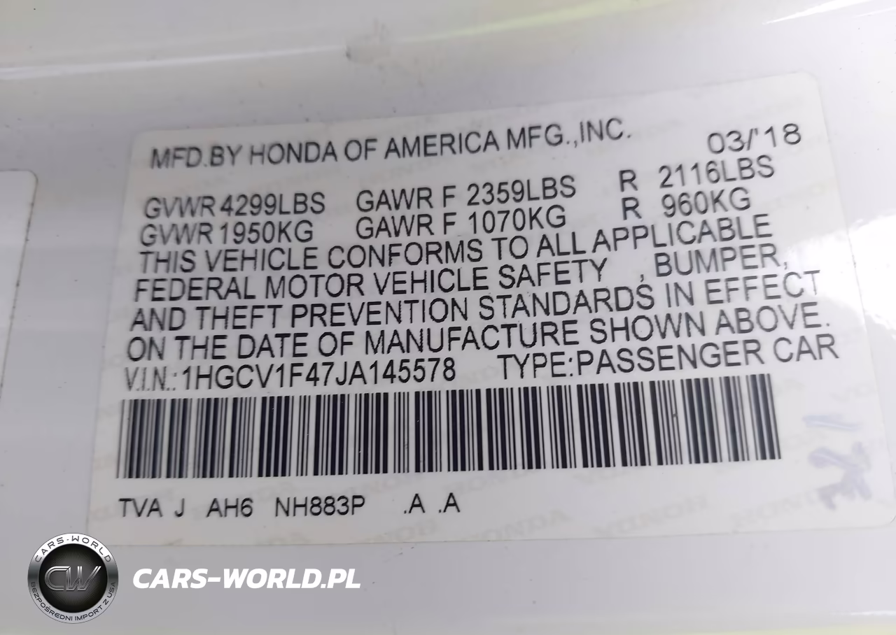 2018 Honda Accord Ex VIN:1HGCV1F47JA145578 - 9