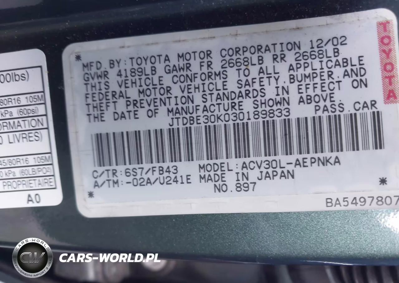 2003 Toyota Camry Le VIN:JTDBE30K030189833 - 9