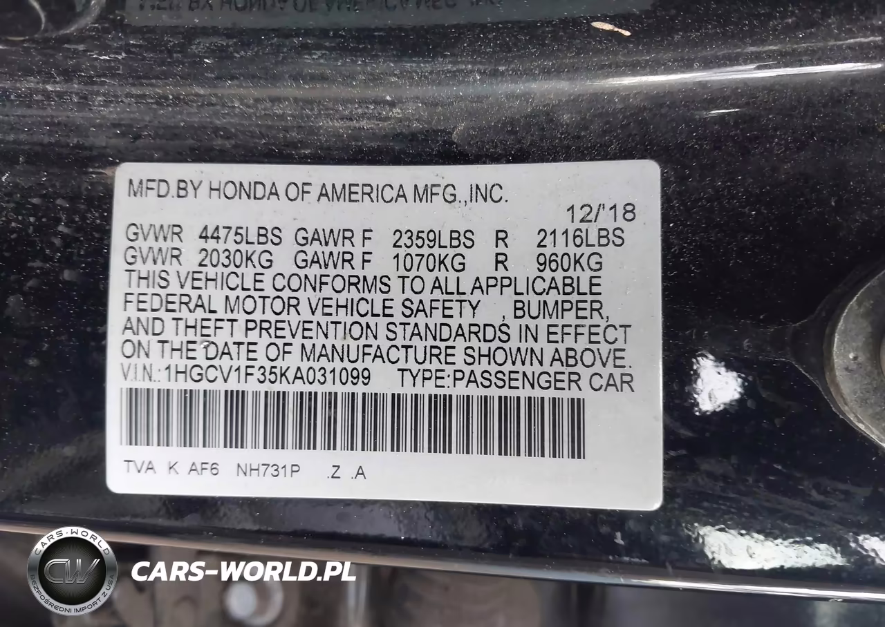 2019 Honda Accord Sport VIN:1HGCV1F35KA031099 - 9