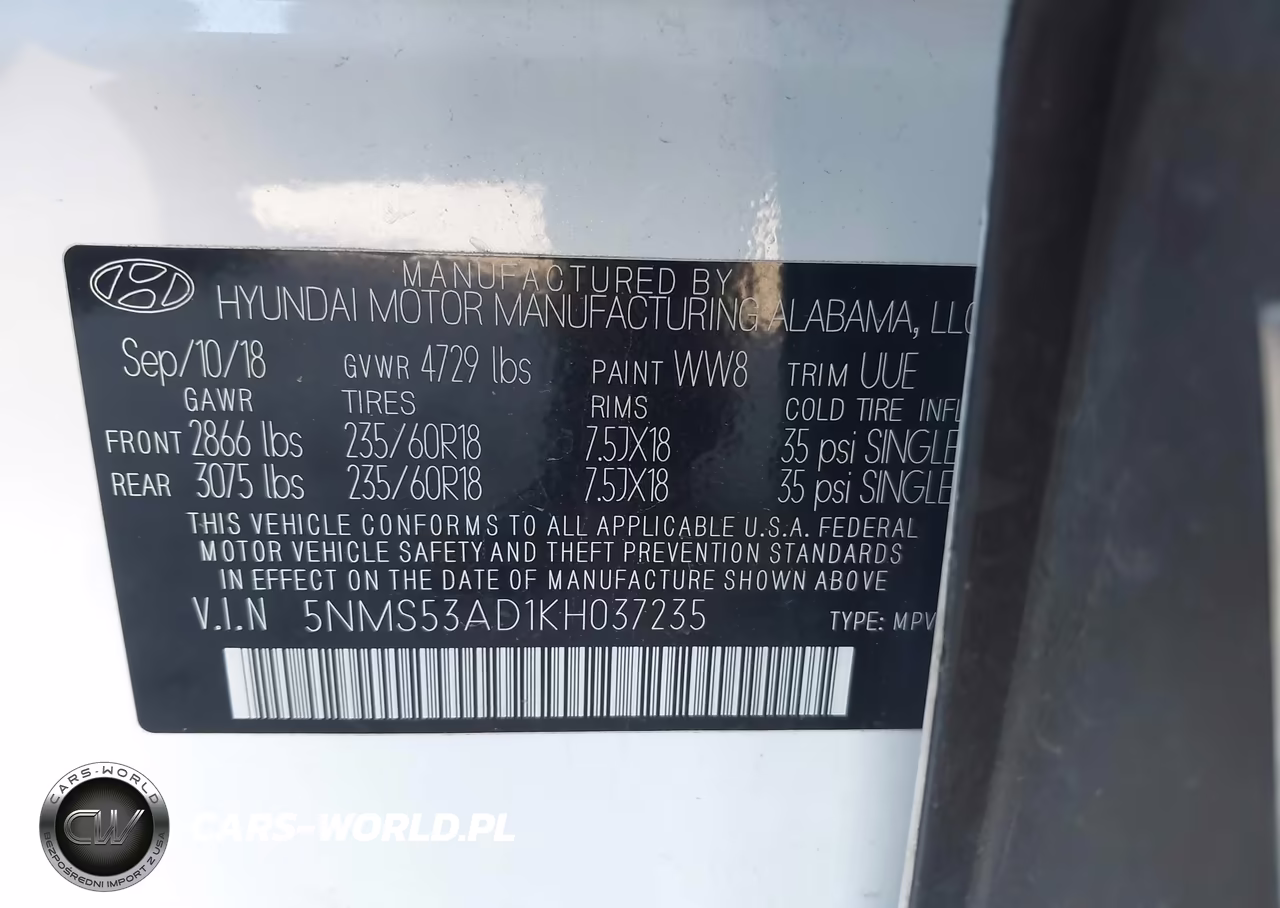 2019 Hyundai Santa Fe Limited VIN:5NMS53AD1KH037235 - 9