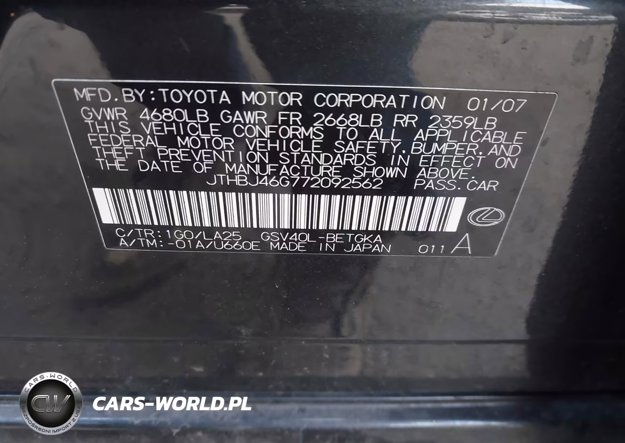 2007 Lexus Es 350 VIN:JTHBJ46G772092562 - 9