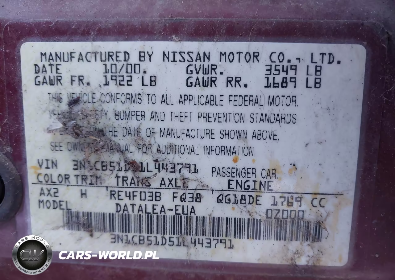 2001 Nissan Sentra Gxe VIN:3N1CB51D51L443791 - 9