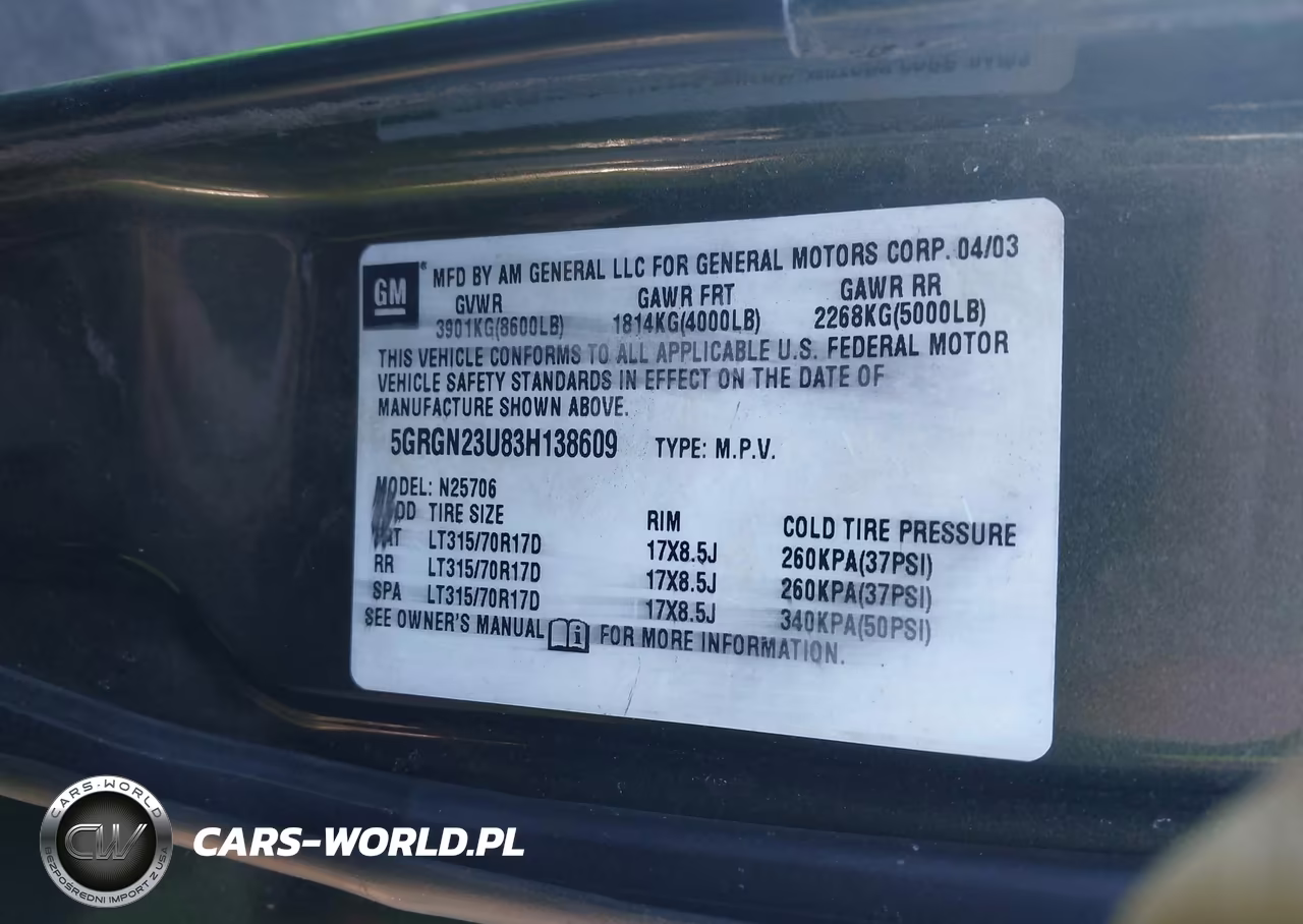 2003 Hummer H2 VIN:5GRGN23U83H138609 - 9