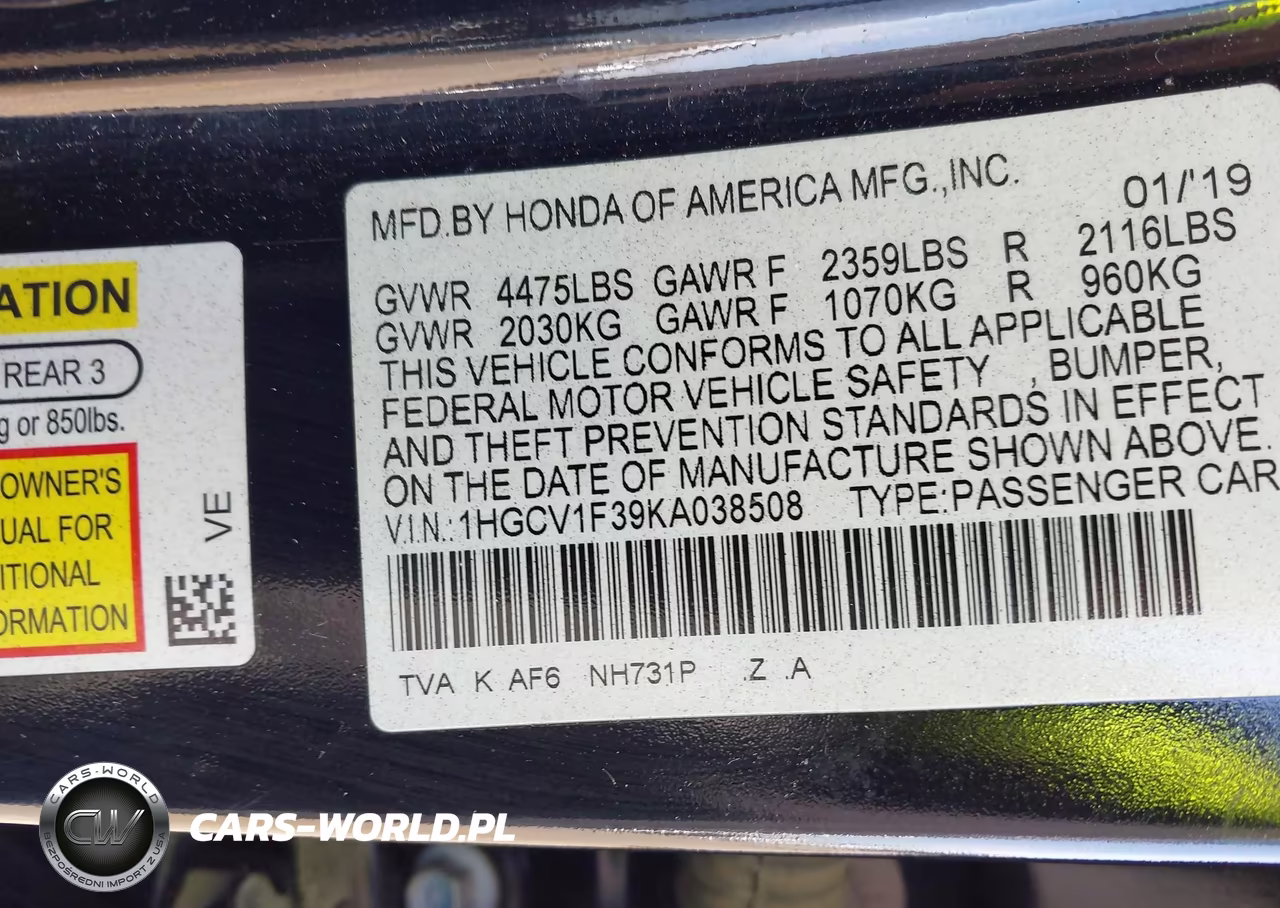 2019 Honda Accord Sport VIN:1HGCV1F39KA038508 - 9