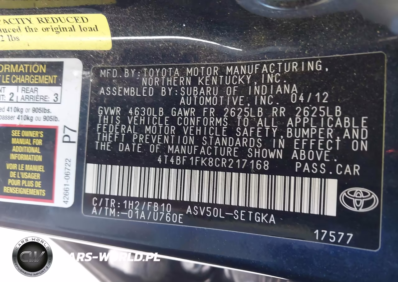 2012 Toyota Camry Xle VIN:4T4BF1FK8CR217168 - 9