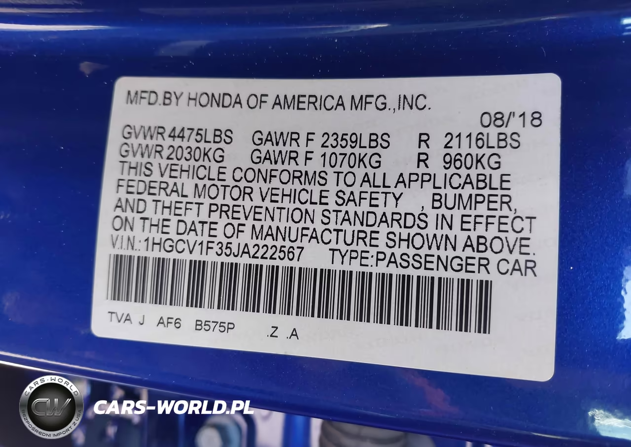 2018 Honda Accord Sport VIN:1HGCV1F35JA222567 - 9