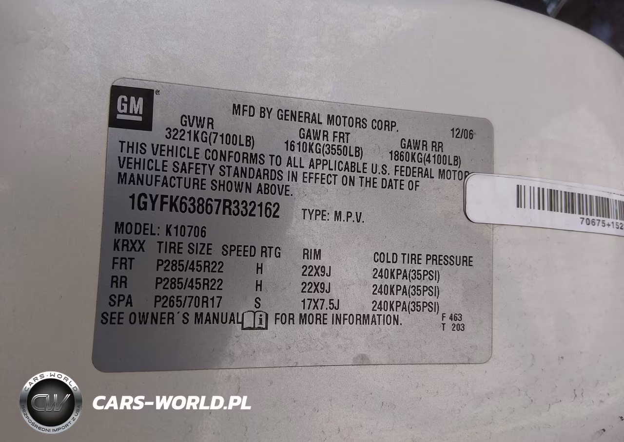 2007 Cadillac Escalade Standard VIN:1GYFK63867R332162 - 9