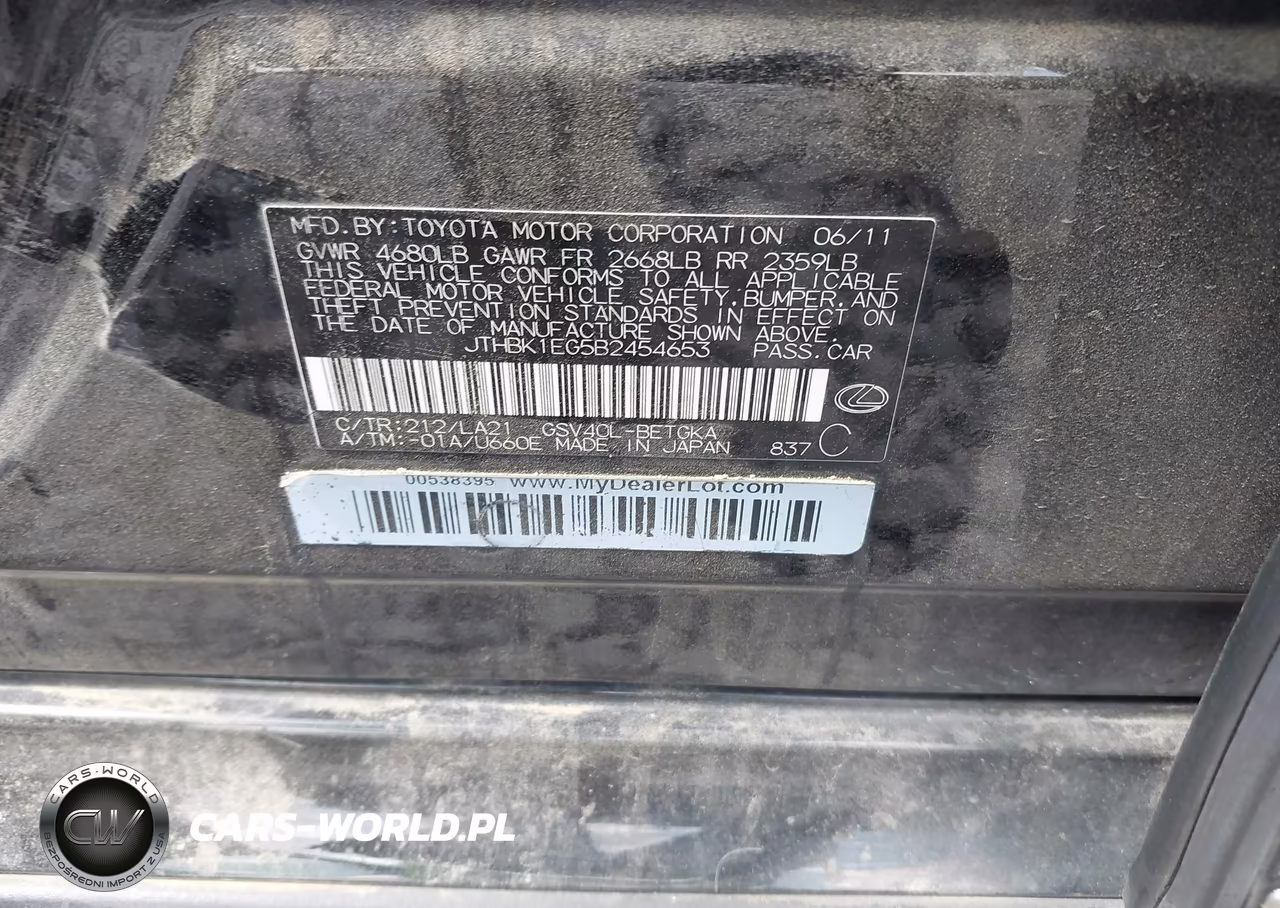 2011 Lexus Es 350 VIN:JTHBK1EG5B2454653 - 9