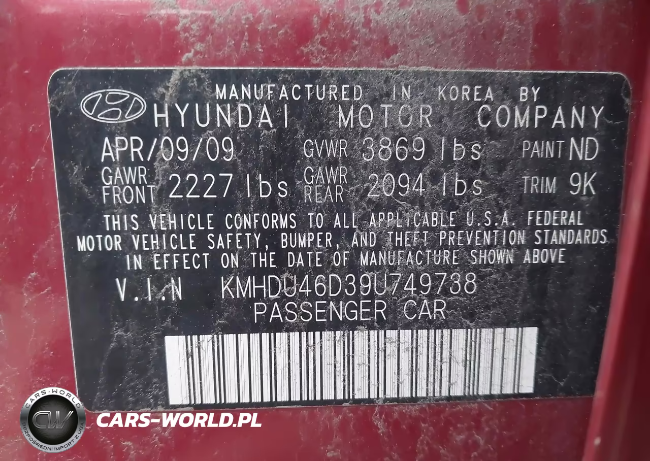 2009 Hyundai Elantra Gls VIN:KMHDU46D39U749738 - 9