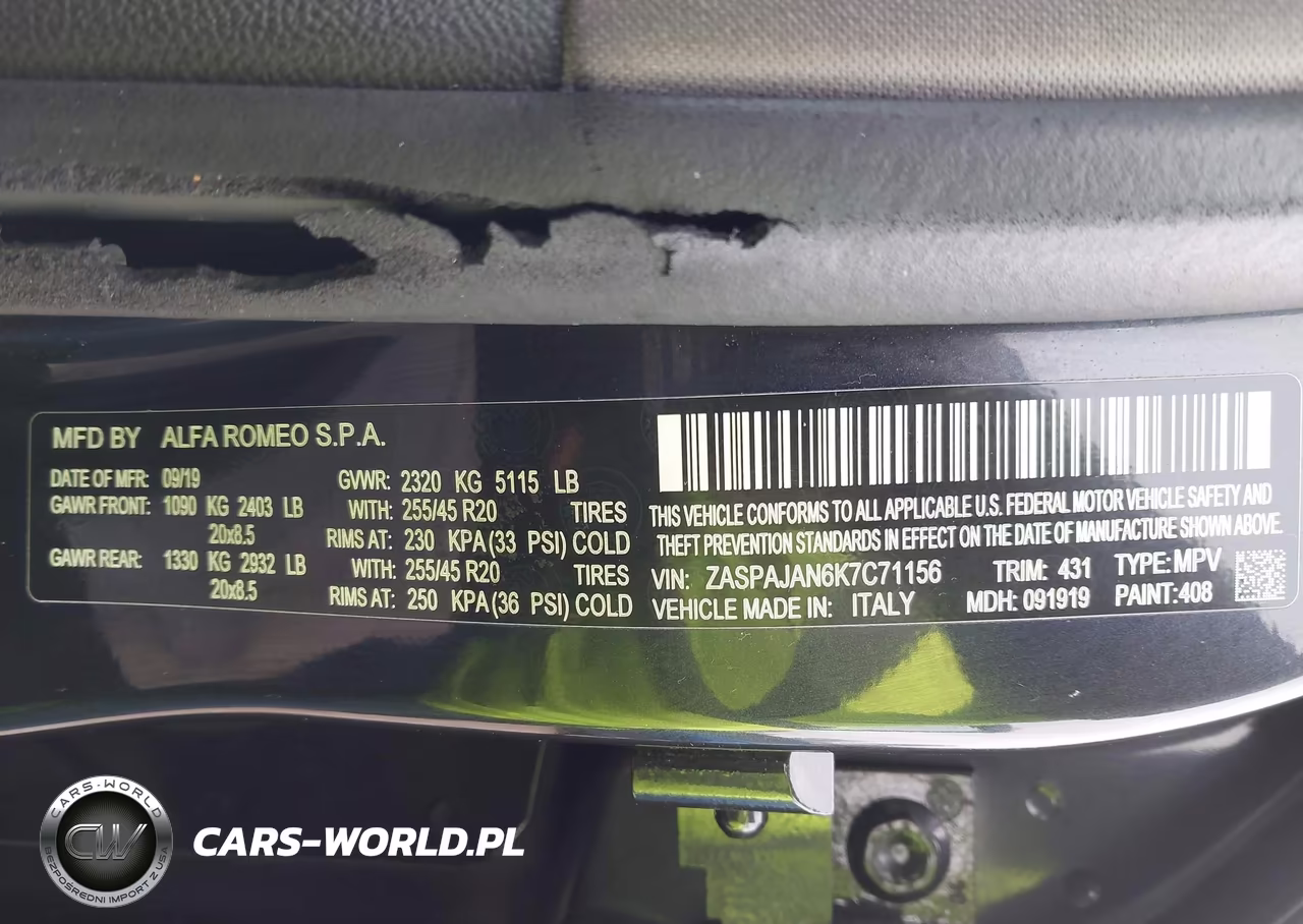 2019 Alfa Romeo Stelvio Rwd VIN:ZASPAJAN6K7C71156 - 9