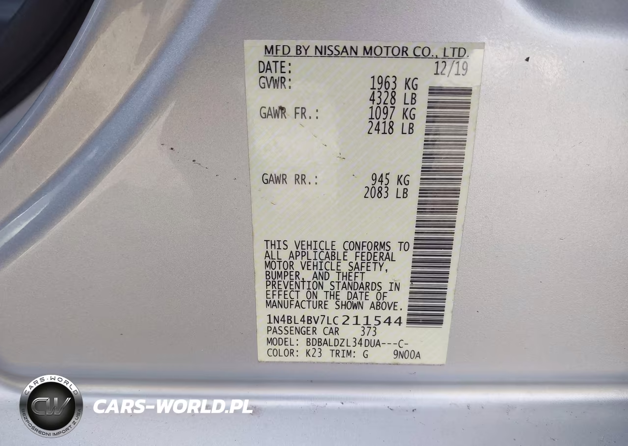 2020 Nissan Altima S Fwd VIN:1N4BL4BV7LC211544 - 9