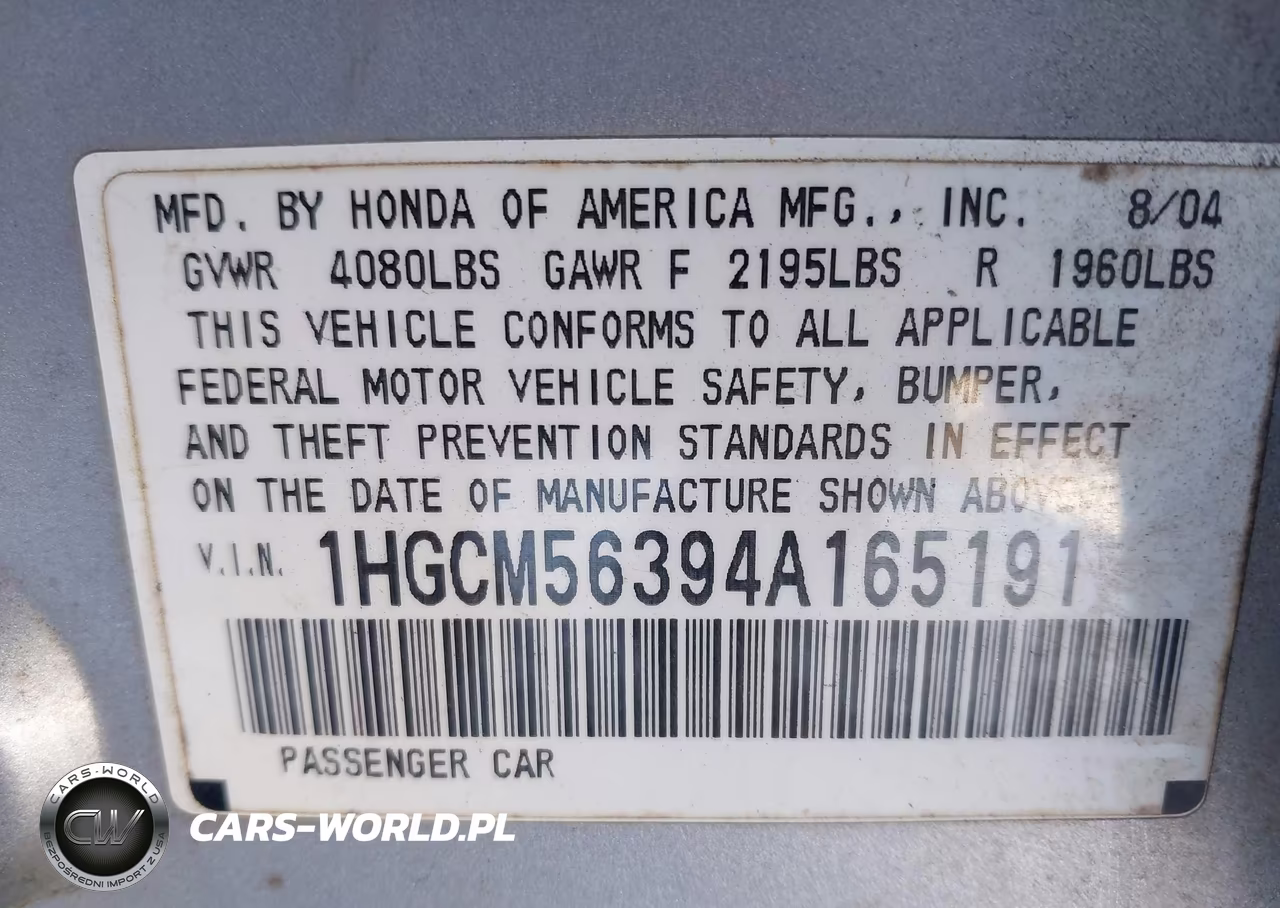 2004 Honda Accord 2.4 Lx VIN:1HGCM56394A165191 - 9