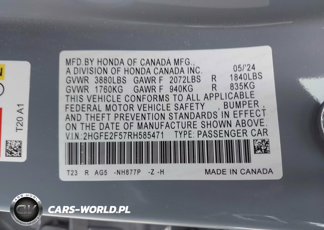 2024 Honda Civic Sport VIN:2HGFE2F57RH585471 - 9