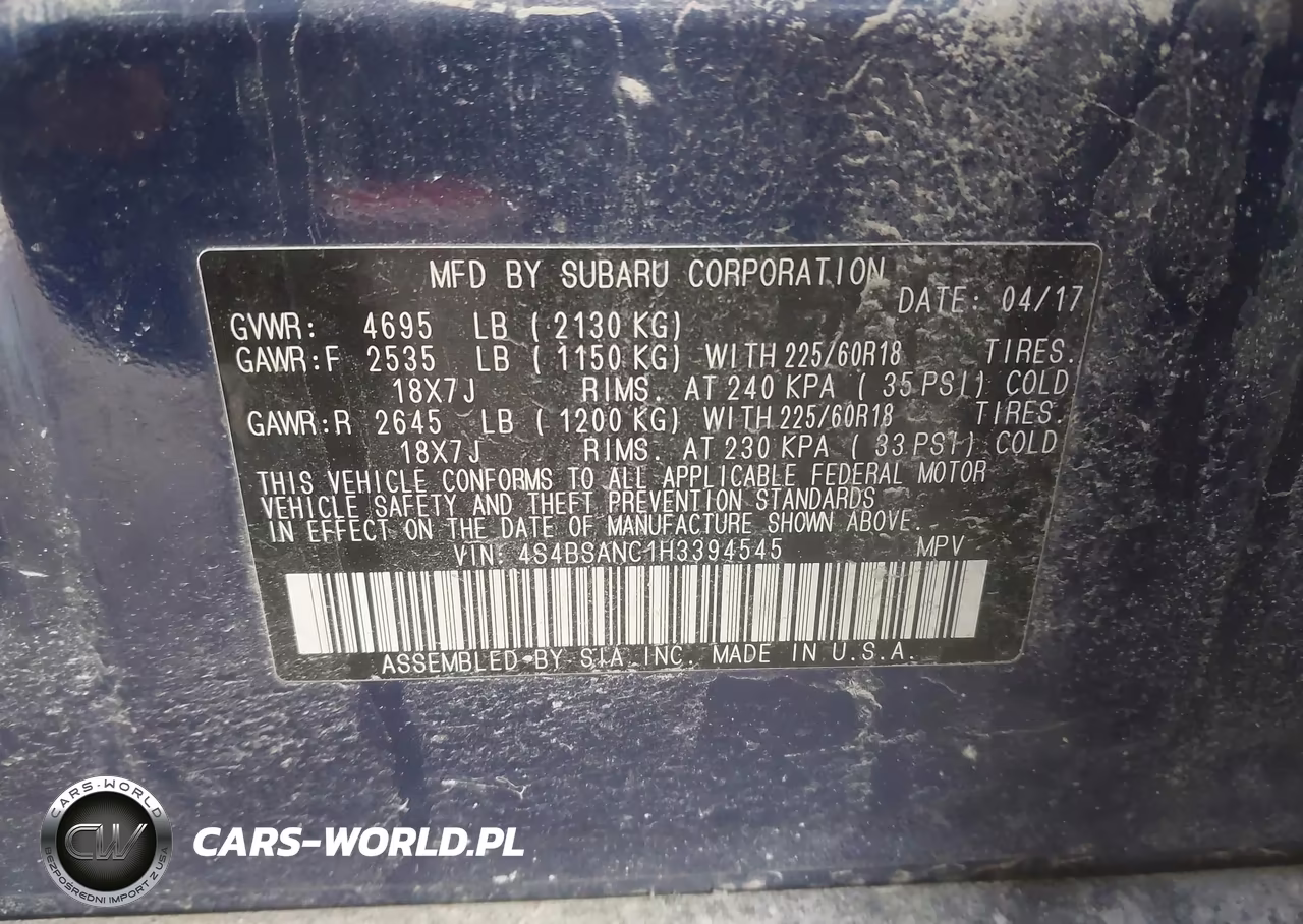 2017 Subaru Outback 2.5I Limited VIN:4S4BSANC1H3394545 - 9