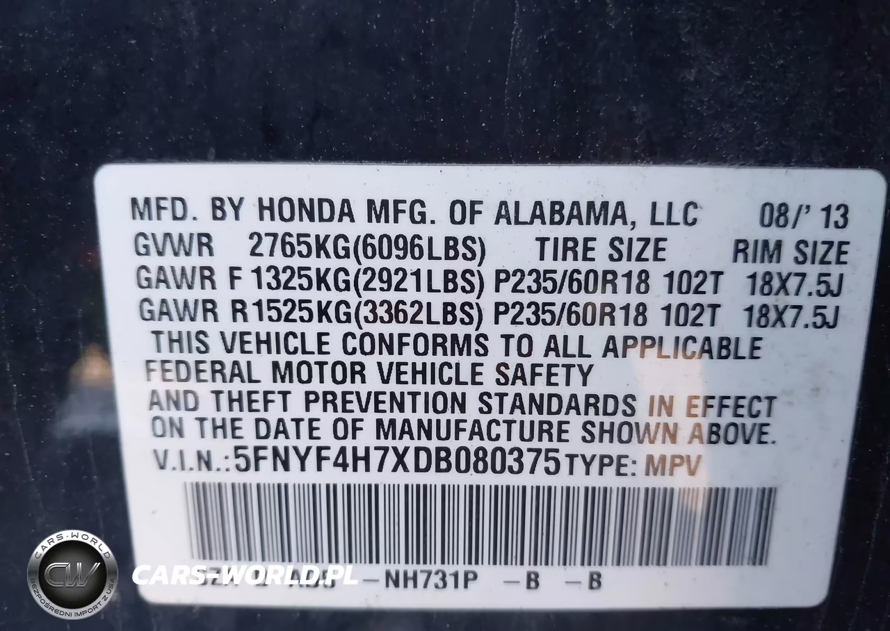 2013 Honda Pilot Ex-L VIN:5FNYF4H7XDB080375 - 9