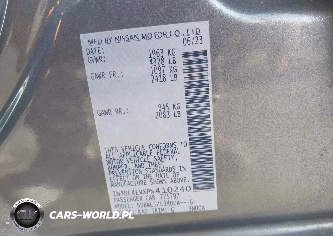 2023 Nissan Altima Sl Fwd VIN:1N4BL4EVXPN410240 - 9