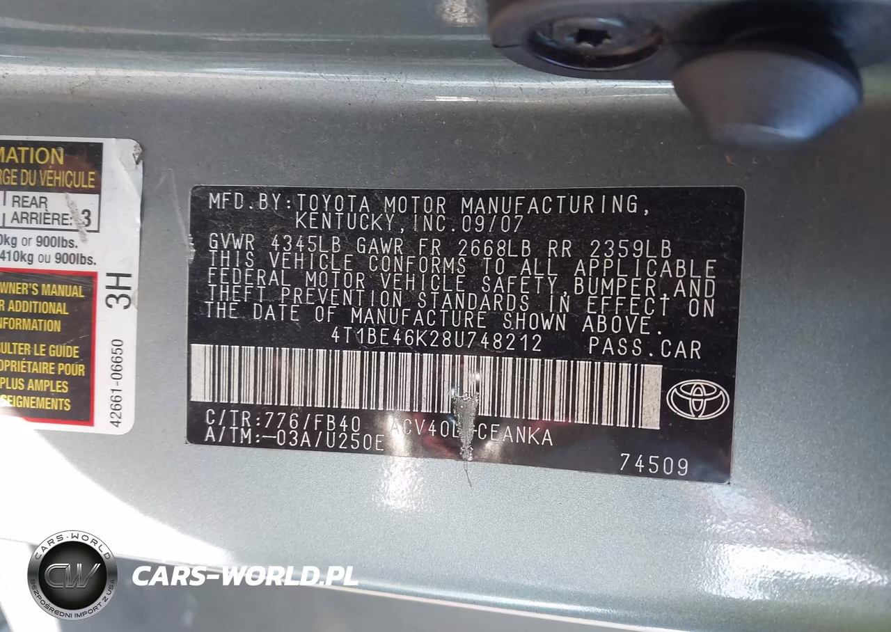 2008 Toyota Camry Le VIN:4T1BE46K28U748212 - 9