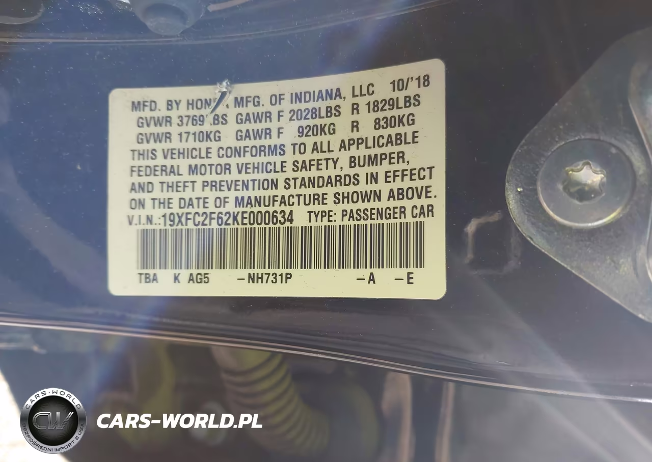 2019 Honda Civic Lx VIN:19XFC2F62KE000634 - 9