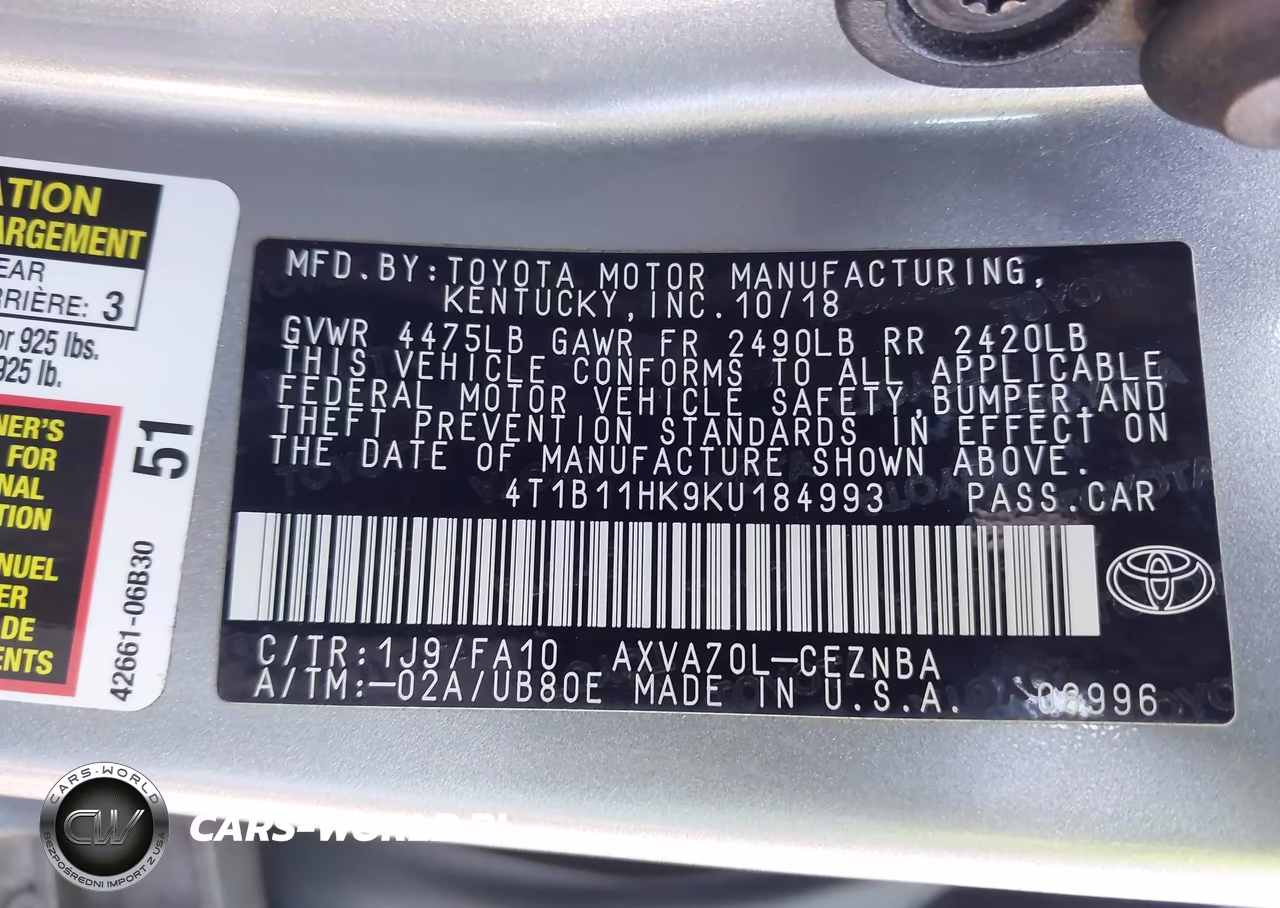 2019 Toyota Camry Le VIN:4T1B11HK9KU184993 - 9