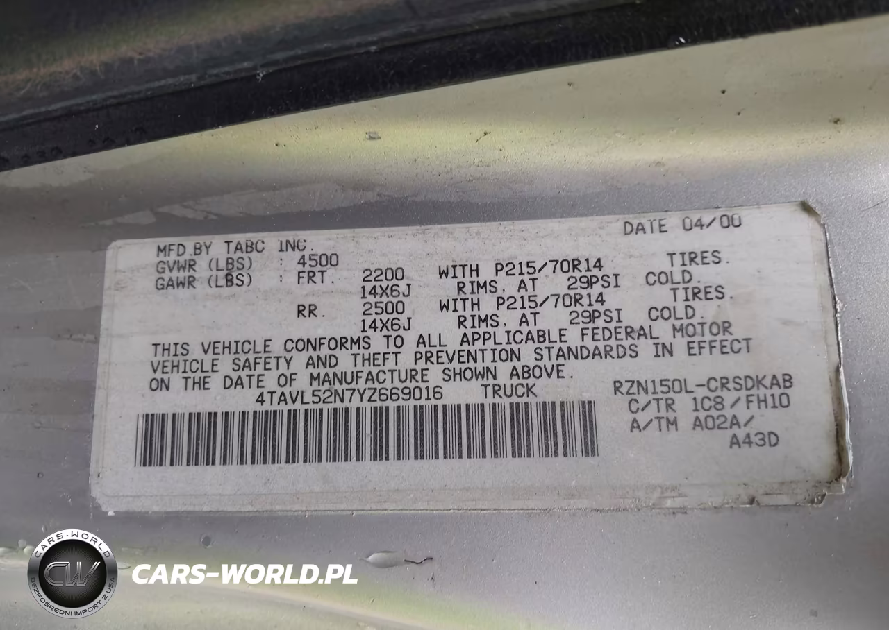 2000 Toyota Tacoma VIN:4TAVL52N7YZ669016 - 9