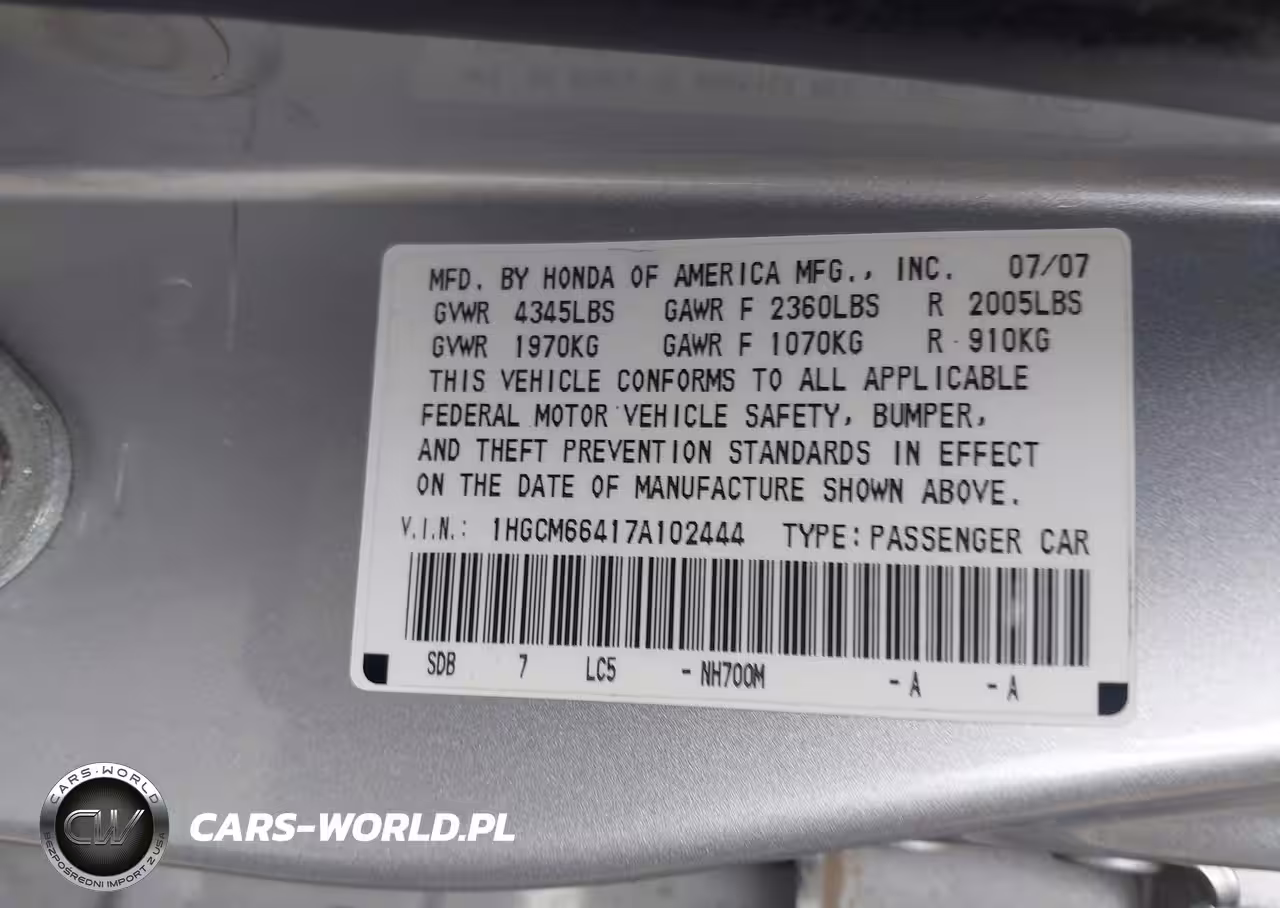 2007 Honda Accord 3.0 Se VIN:1HGCM66417A102444 - 9