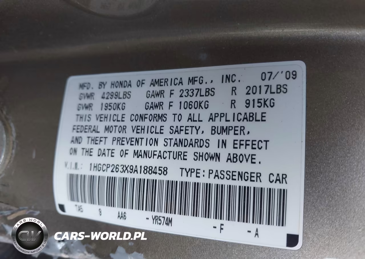 2009 Honda Accord 2.4 Lx VIN:1HGCP263X9A188458 - 9