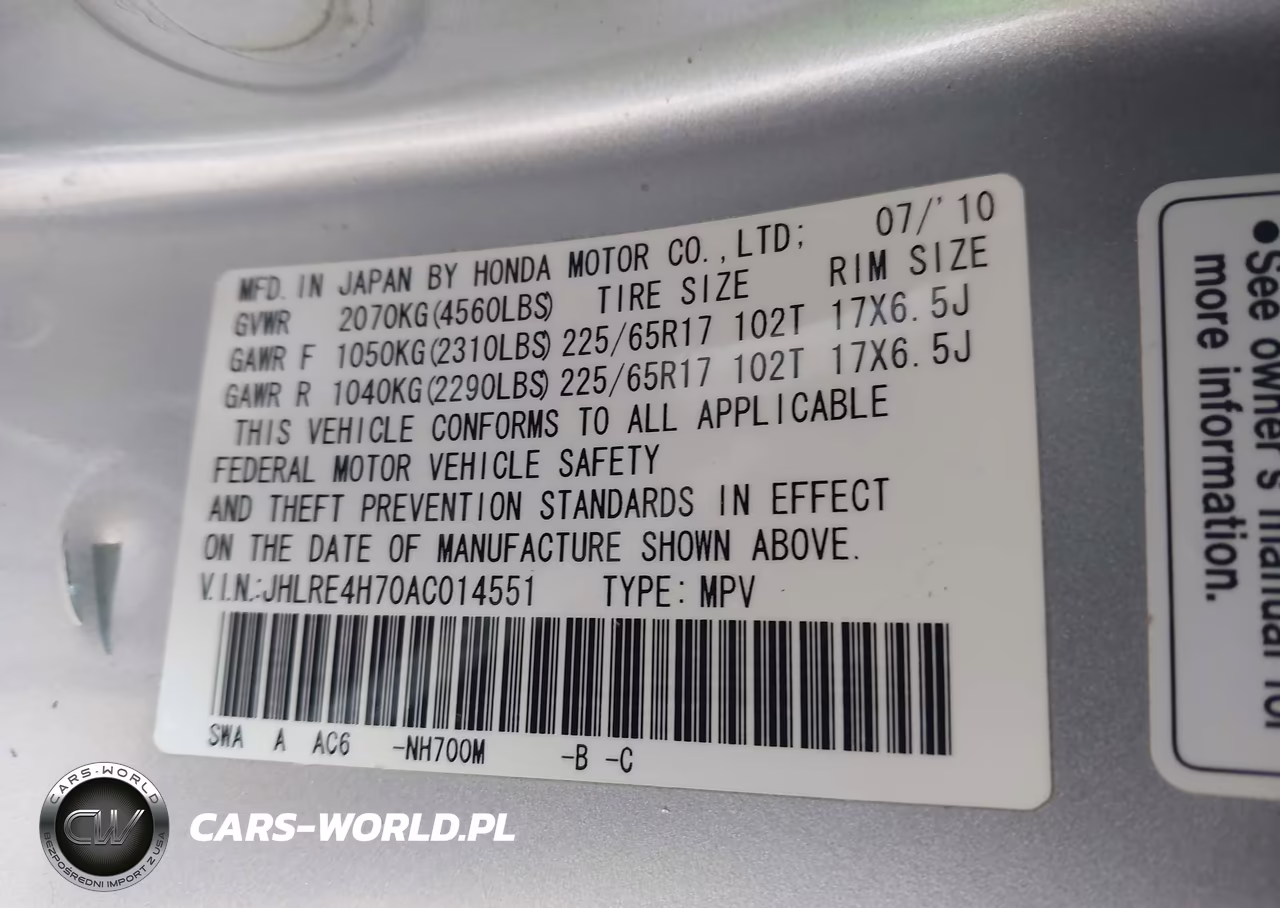 2010 Honda Cr-V Ex-L VIN:JHLRE4H70AC014551 - 9