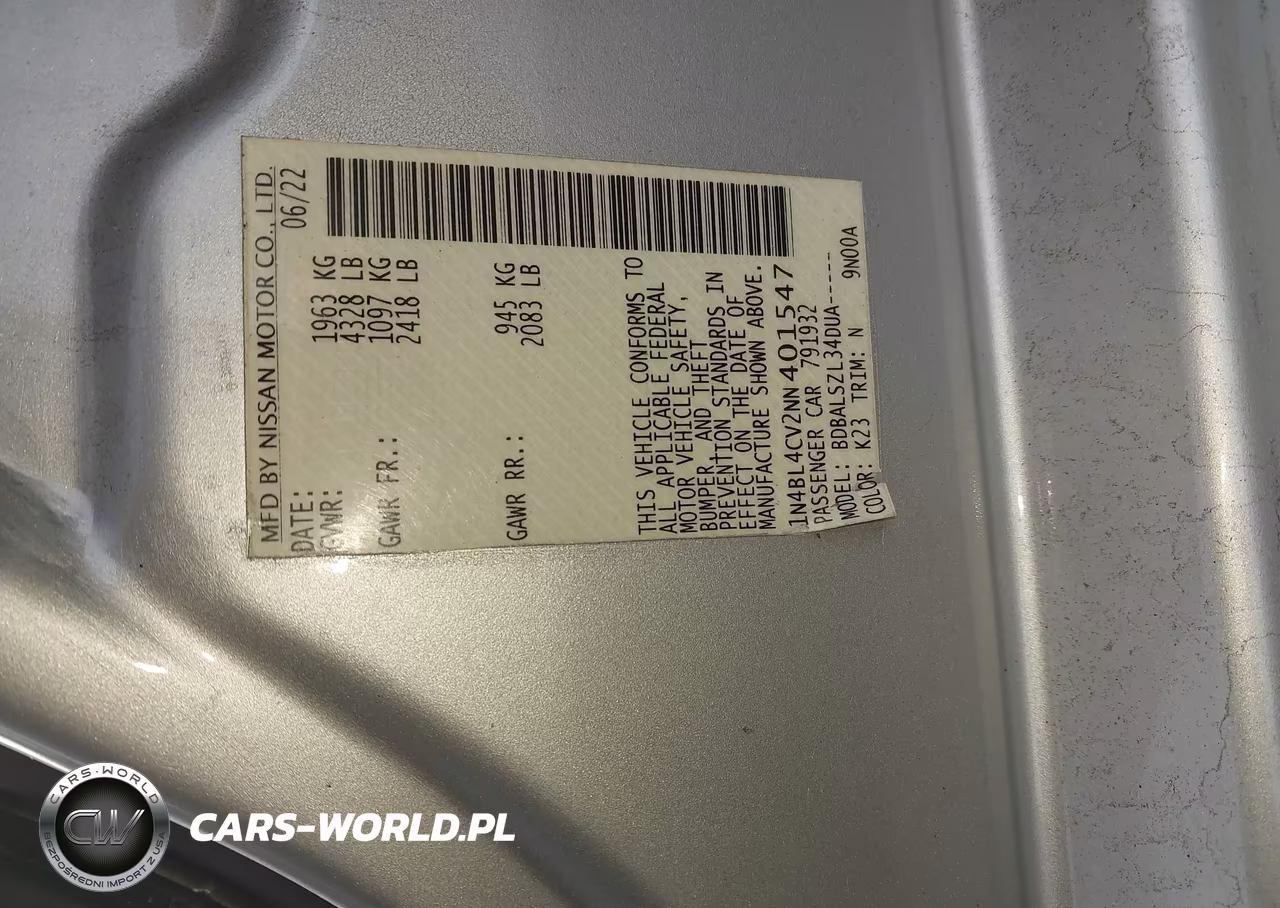2022 Nissan Altima Sr Fwd VIN:1N4BL4CV2NN401547 - 9