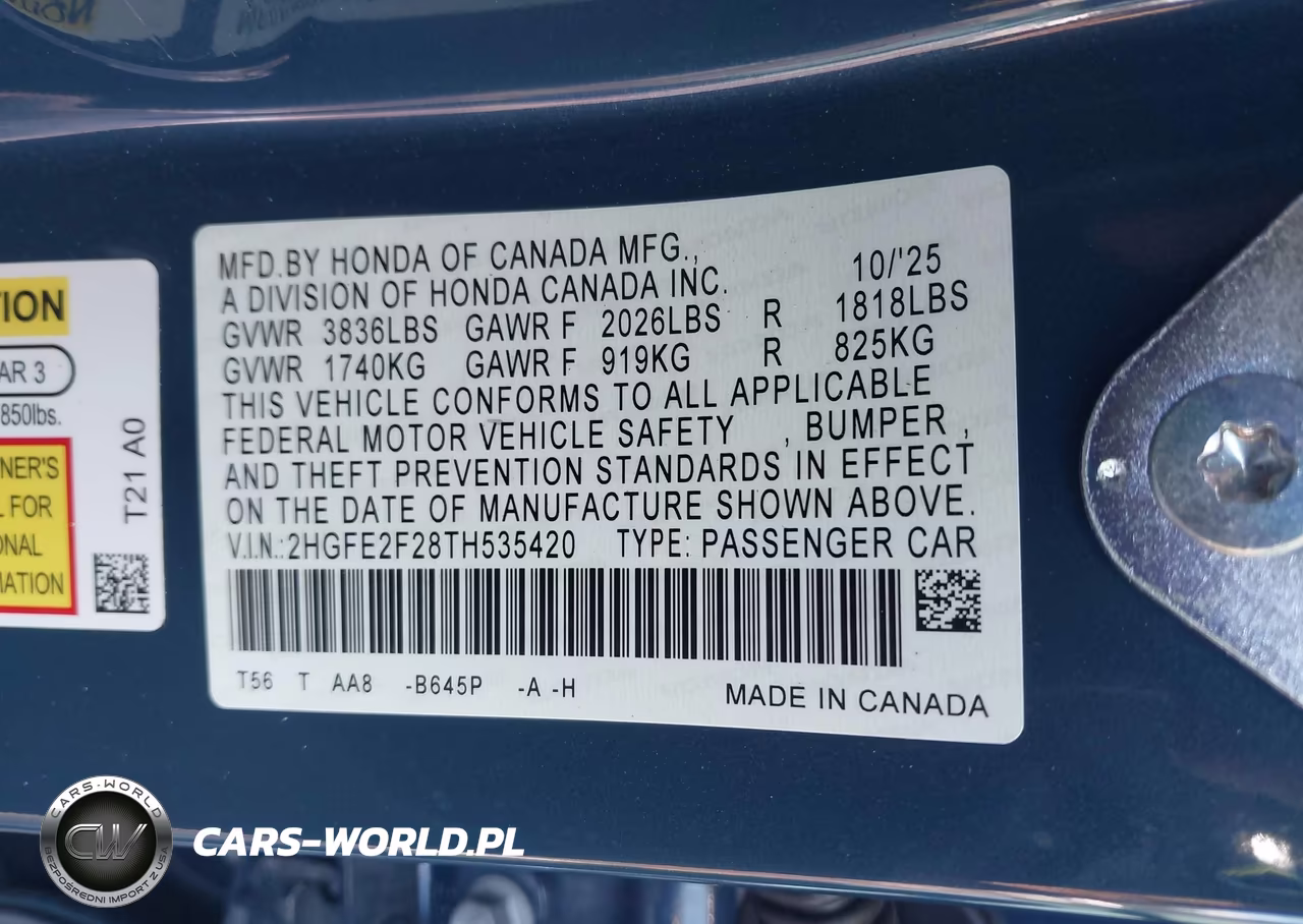 2026 Honda Civic Lx VIN:2HGFE2F28TH535420 - 9