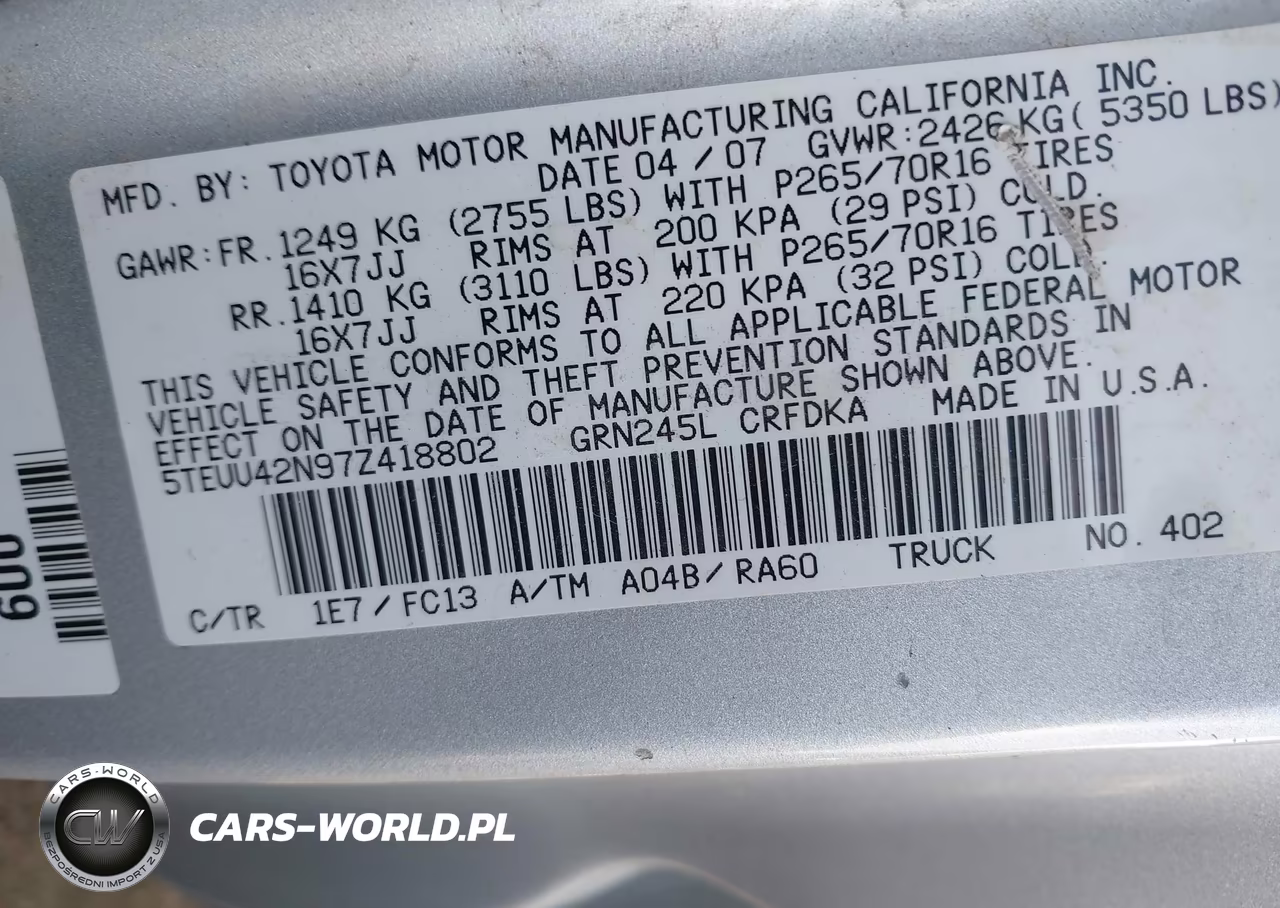 2007 Toyota Tacoma Base V6 VIN:5TEUU42N97Z418802 - 9