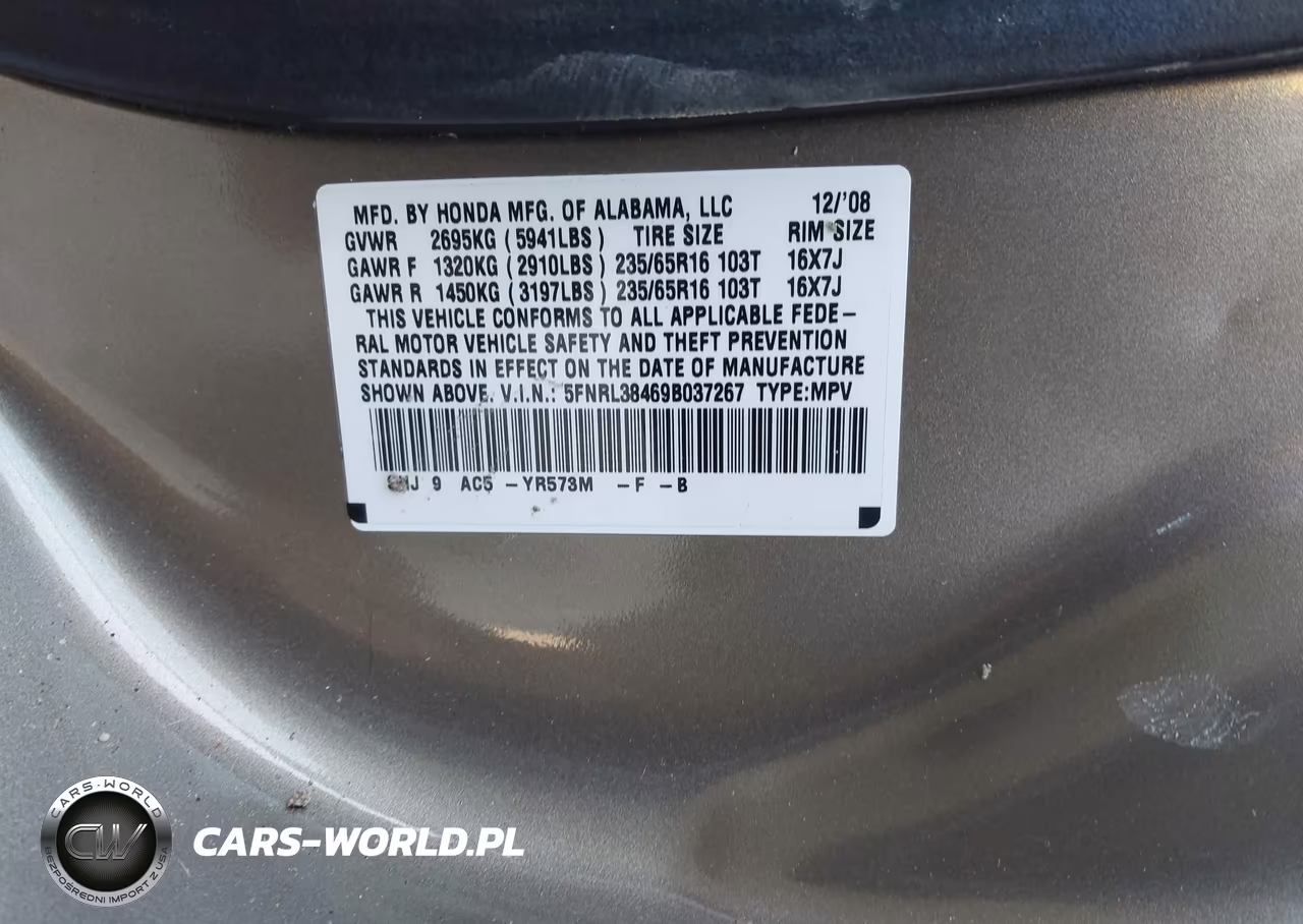 2009 Honda Odyssey Ex VIN:5FNRL38469B037267 - 9