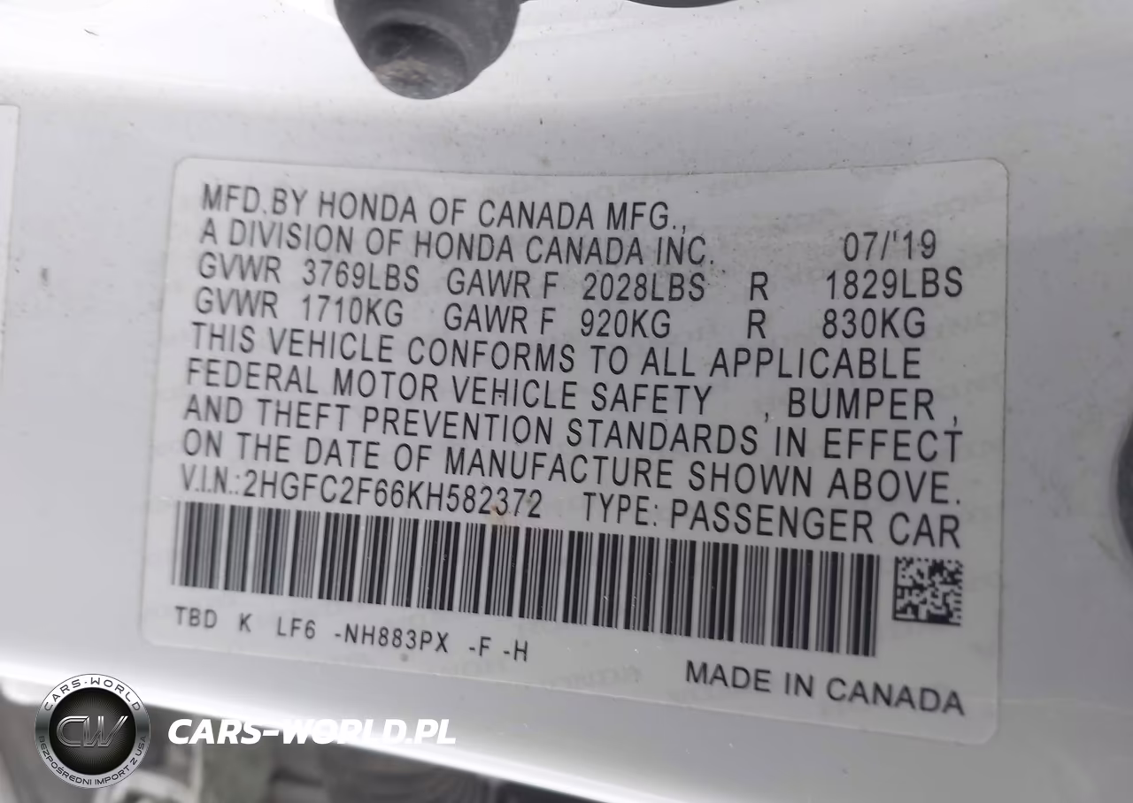 2019 Honda Civic Lx VIN:2HGFC2F66KH582372 - 9