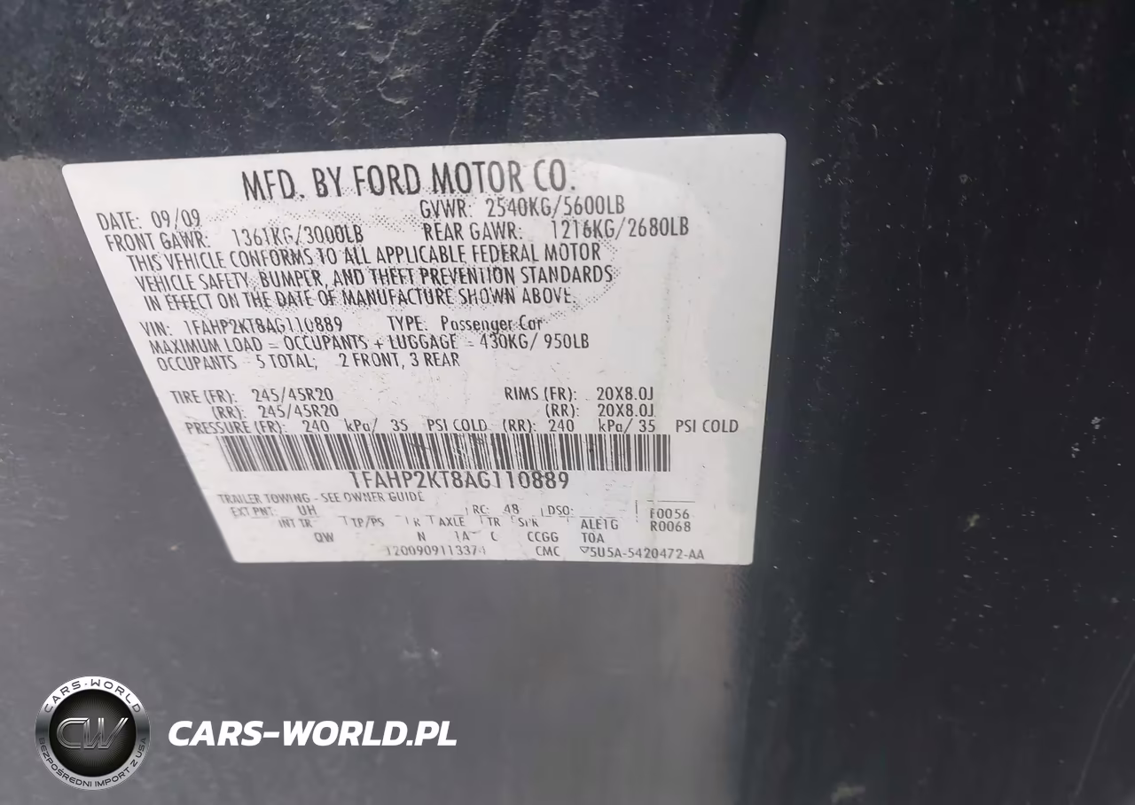 2010 Ford Taurus Sho VIN:1FAHP2KT8AG110889 - 9
