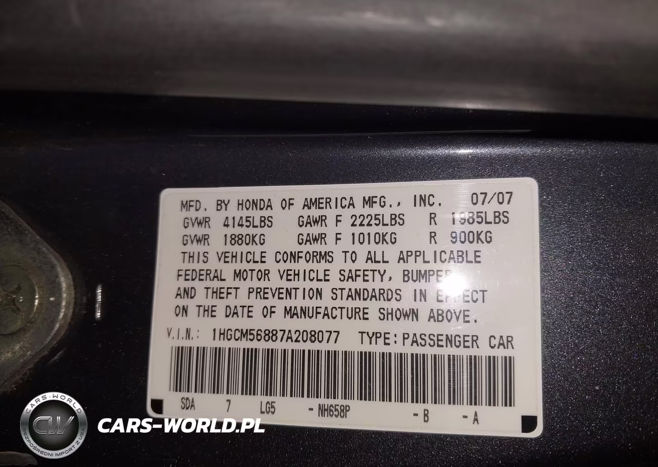 2007 Honda Accord 2.4 Ex VIN:1HGCM56887A208077 - 9