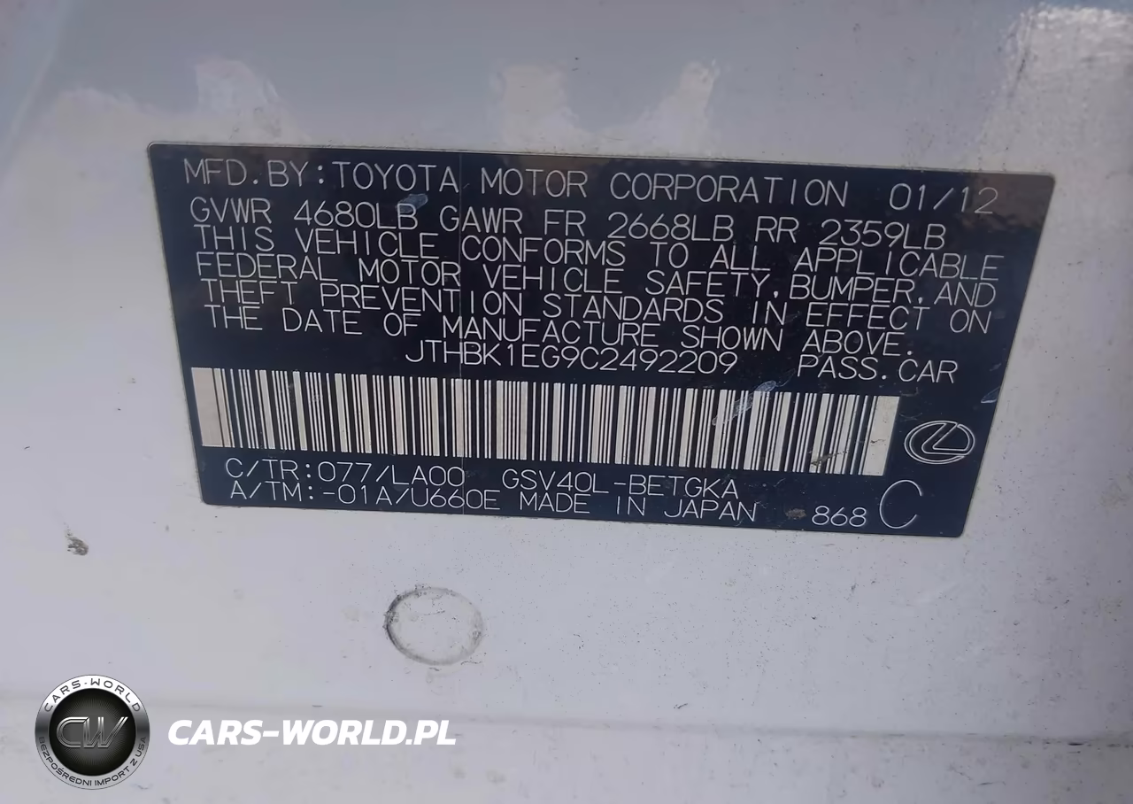2012 Lexus Es 350 VIN:JTHBK1EG9C2492209 - 9