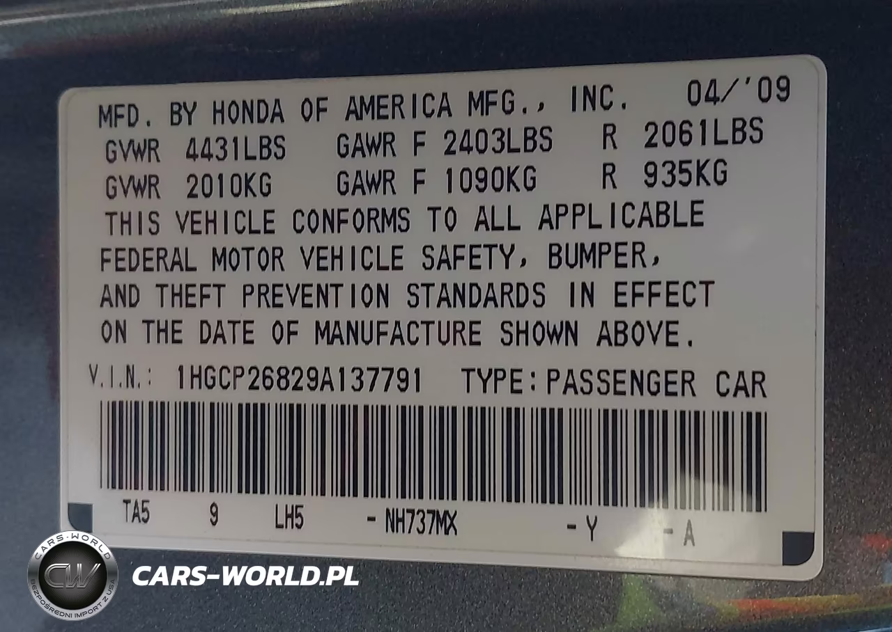 2009 Honda Accord 2.4 Ex-L VIN:1HGCP26829A137791 - 9