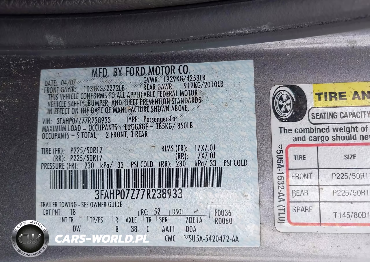 2007 Ford Fusion Se VIN:3FAHP07Z77R238933 - 9
