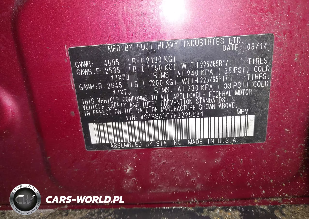 2015 Subaru Outback 2.5I Premium VIN:4S4BSADC7F3225581 - 9