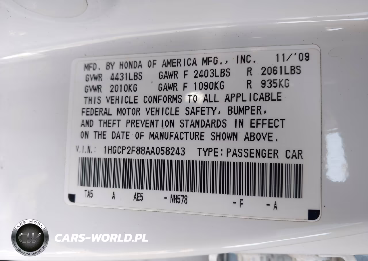 2010 Honda Accord 2.4 Ex-L VIN:1HGCP2F88AA058243 - 9