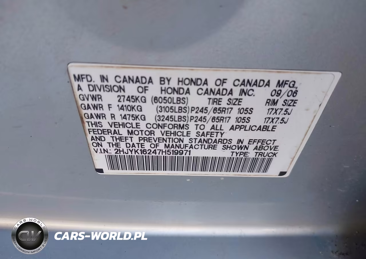 2007 Honda Ridgeline Rt VIN:2HJYK16247H519971 - 9