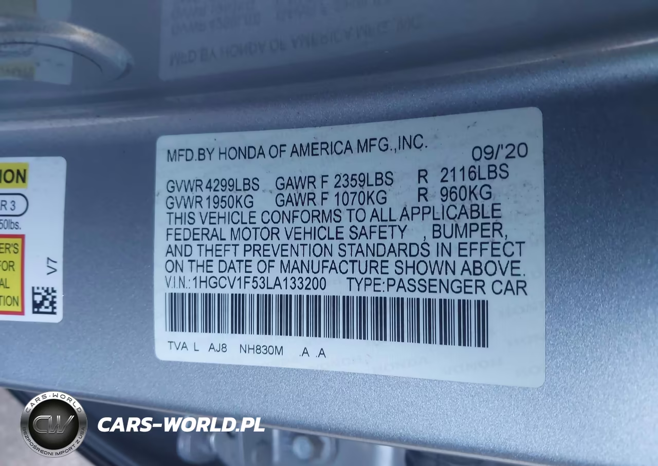 2020 Honda Accord Ex-L VIN:1HGCV1F53LA133200 - 9