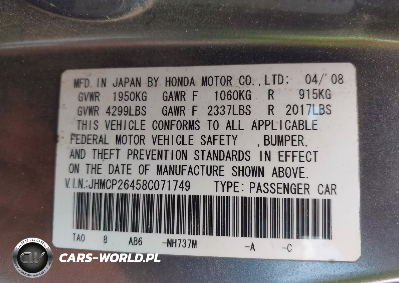 2008 Honda Accord 2.4 Lx-P VIN:JHMCP26458C071749 - 9