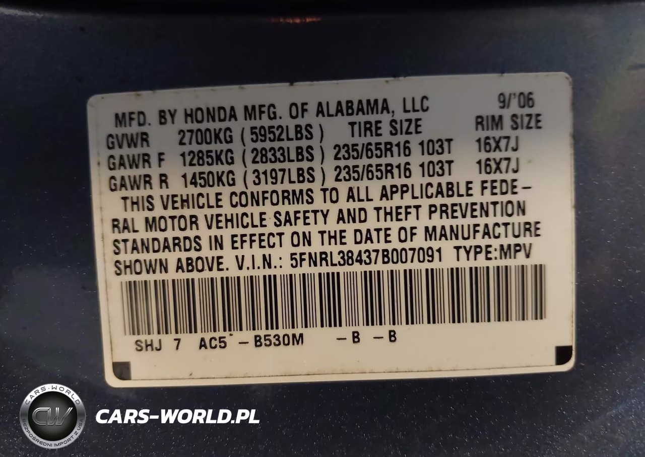 2007 Honda Odyssey Ex VIN:5FNRL38437B007091 - 9