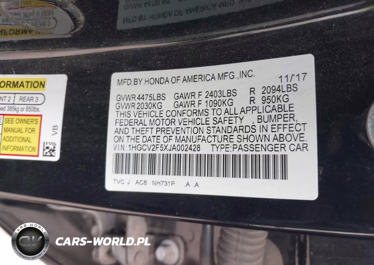 2018 Honda Accord Ex-L 2.0T VIN:1HGCV2F5XJA002428 - 9