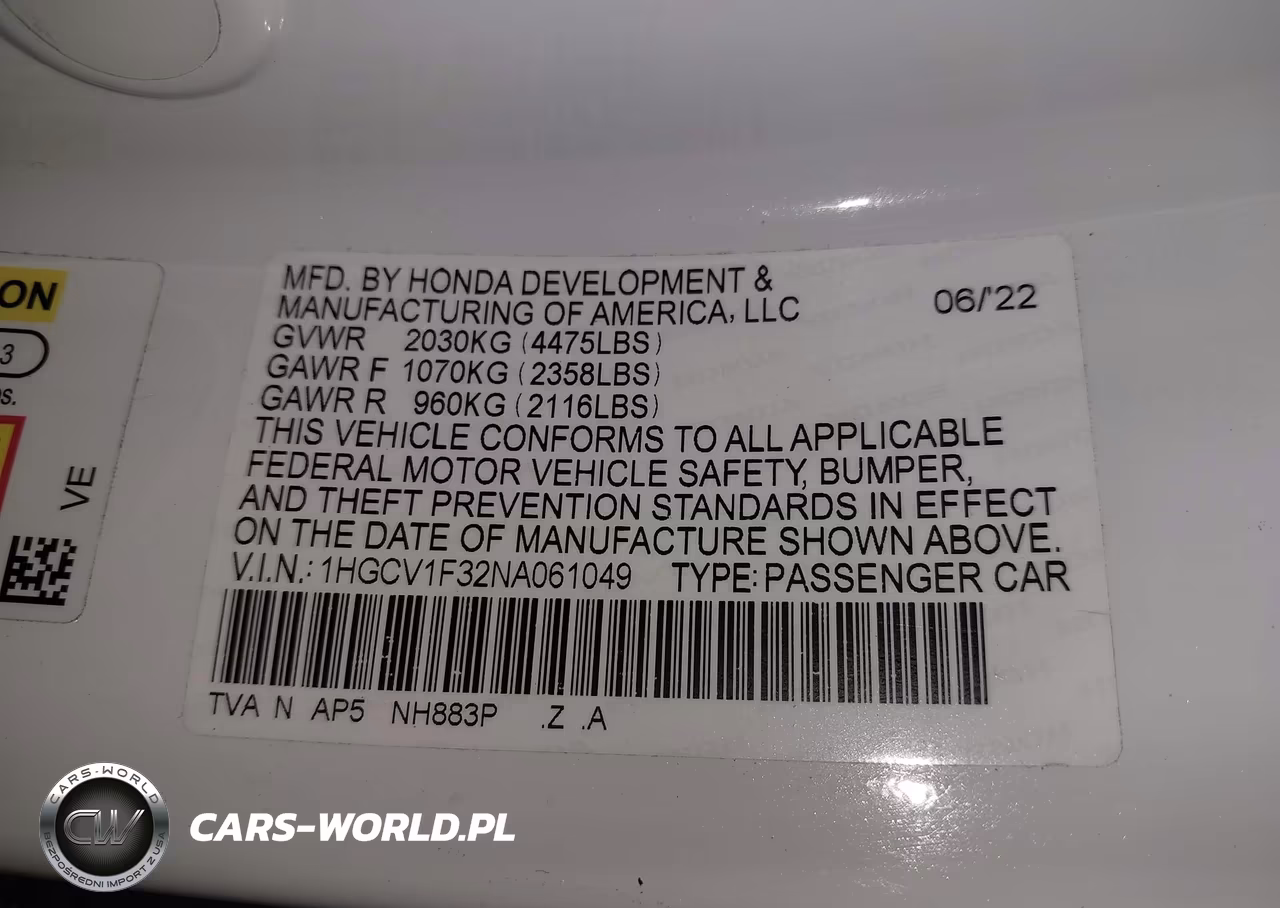 2022 Honda Accord Sport VIN:1HGCV1F32NA061049 - 9