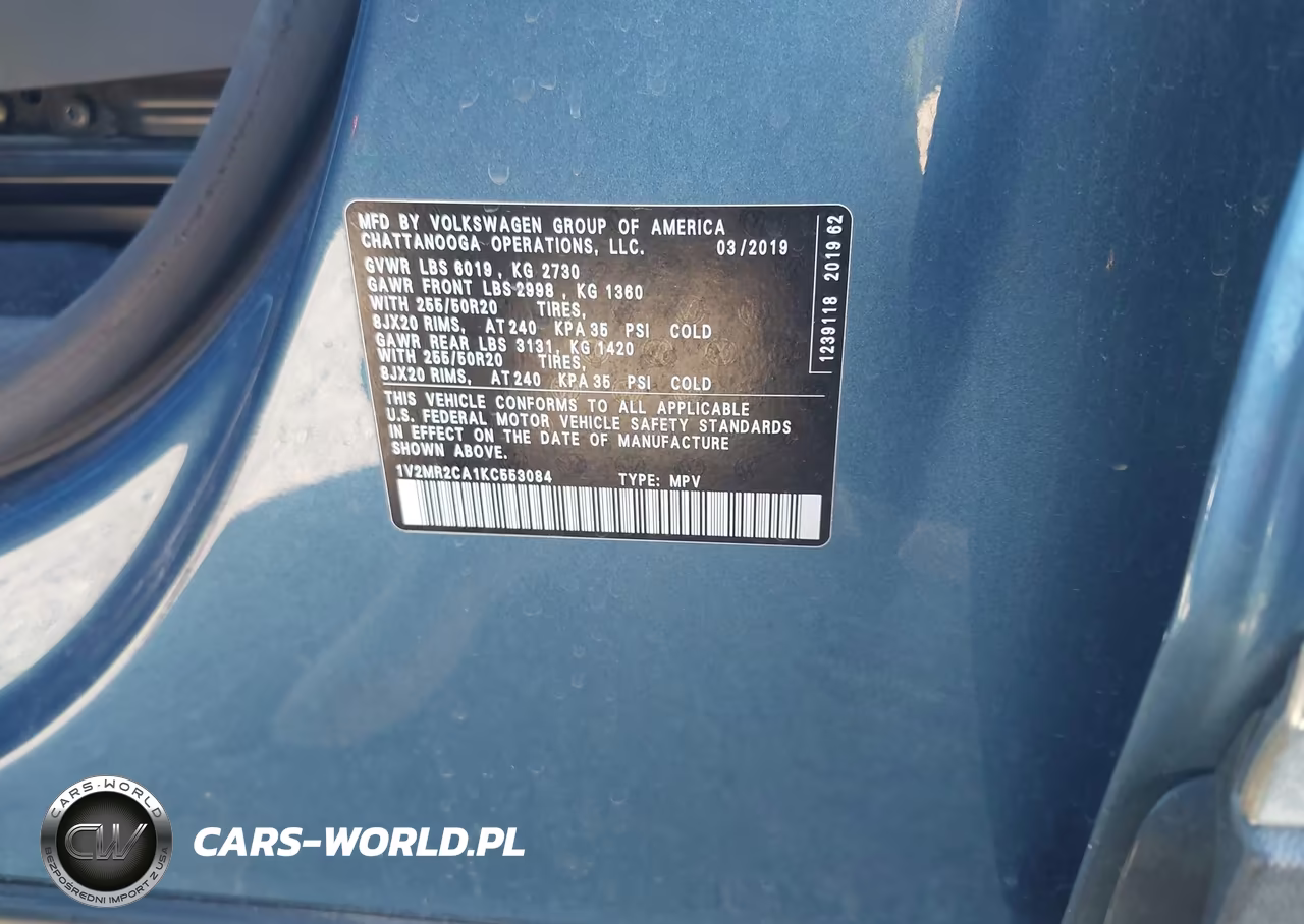 2019 Volkswagen Atlas 3.6L V6 Sel VIN:1V2MR2CA1KC553084 - 9