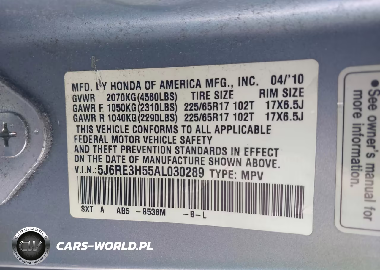 2010 Honda Cr-V Ex VIN:5J6RE3H55AL030289 - 9