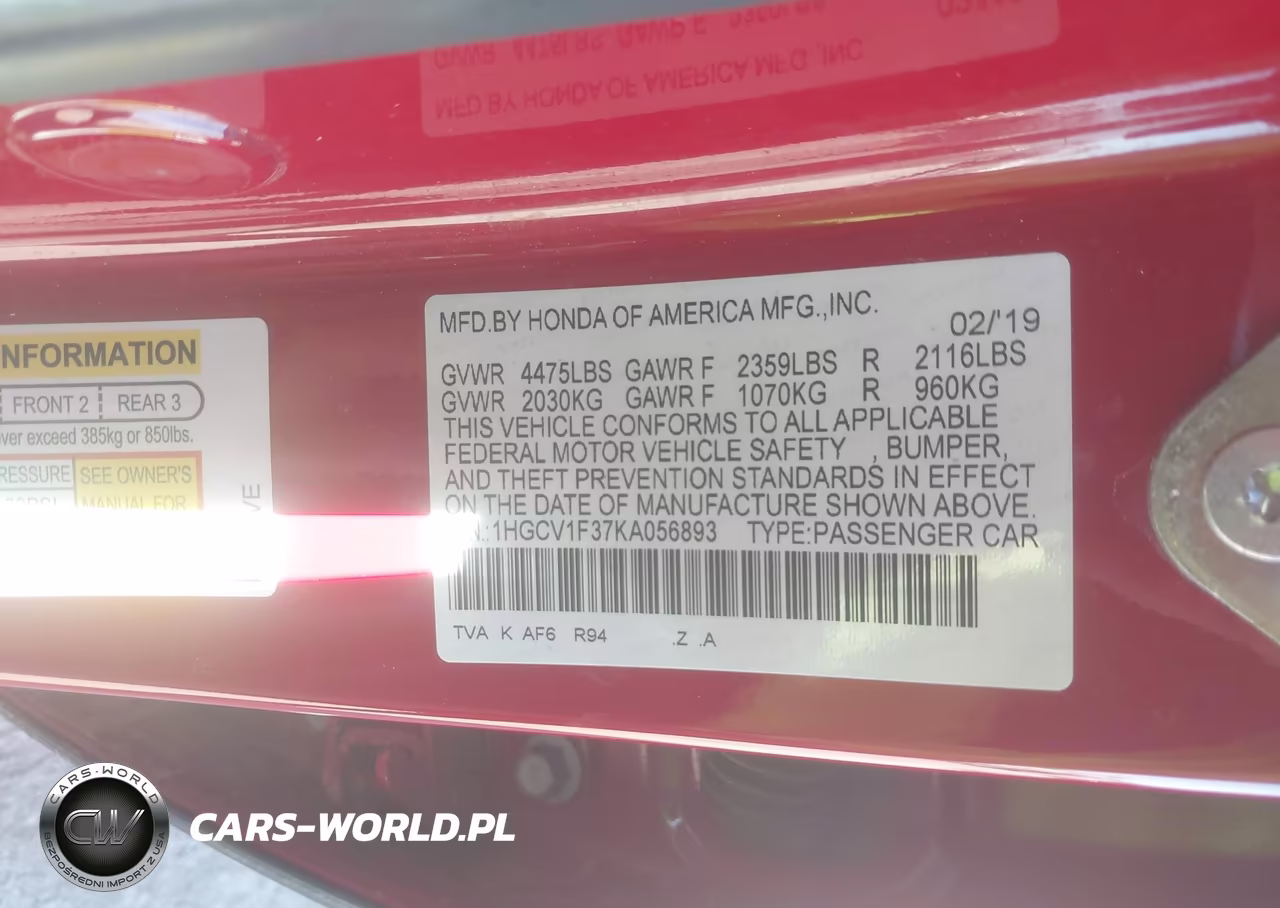 2019 Honda Accord Sport VIN:1HGCV1F37KA056893 - 9